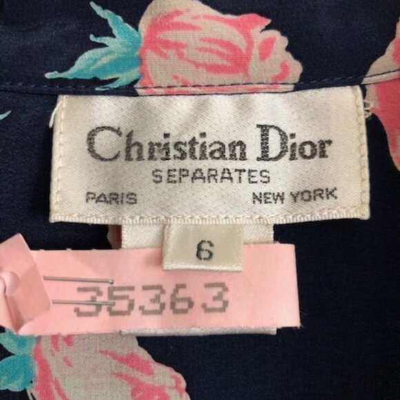 DIOR Silk Navy Pink Rose Long Sleeve Blouse 6 Vintage - Picture 6 of 14